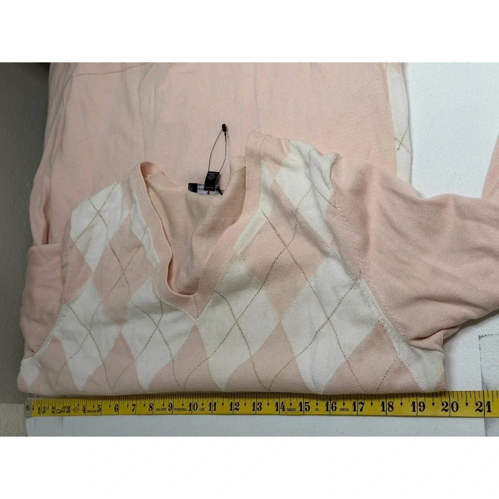 Tommy Hilfiger Sweater Womens Large Pink Peach Argyle V-Neck Tennis Prep Pastel - Picture 10 of 11